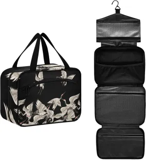 Seamless Japanese White Cranes Flying on Black Dark Women's Portable Makeup Bag with Handle Cosmetic Bag, Twill Cloth Travel Cosmetic Bag, Polyester Toiletry Bag for Women L Size