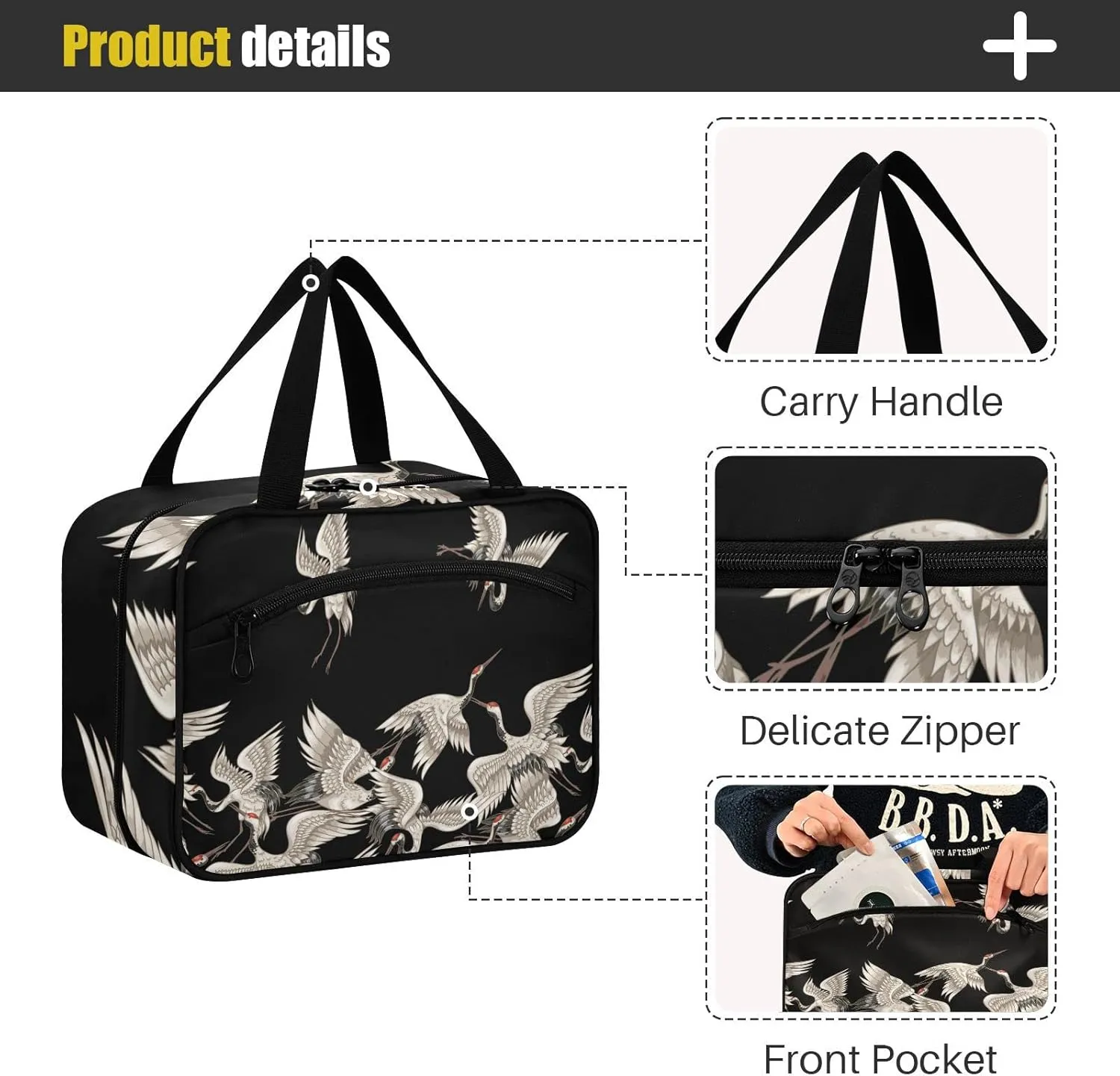 Seamless Japanese White Cranes Flying on Black Dark Women's Portable Makeup Bag with Handle Cosmetic Bag, Twill Cloth Travel Cosmetic Bag, Polyester Toiletry Bag for Women L Size