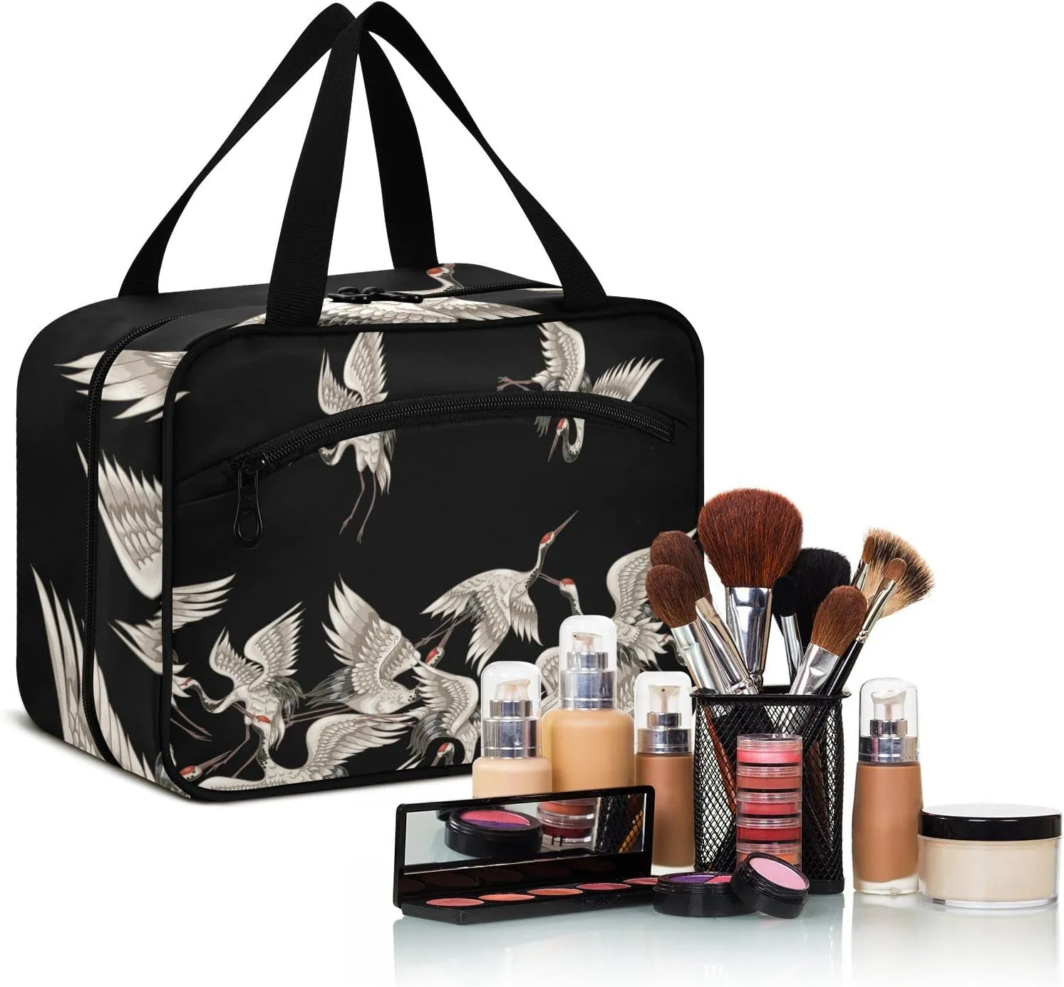 Seamless Japanese White Cranes Flying on Black Dark Women's Portable Makeup Bag with Handle Cosmetic Bag, Twill Cloth Travel Cosmetic Bag, Polyester Toiletry Bag for Women L Size