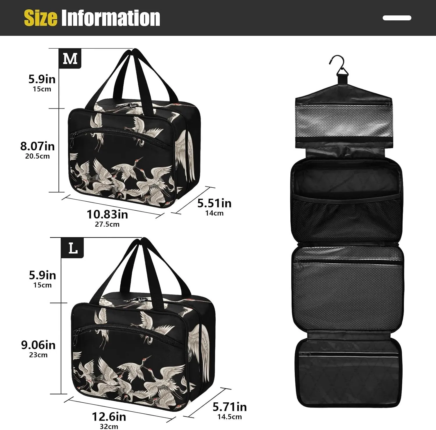 Seamless Japanese White Cranes Flying on Black Dark Women's Portable Makeup Bag with Handle Cosmetic Bag, Twill Cloth Travel Cosmetic Bag, Polyester Toiletry Bag for Women L Size