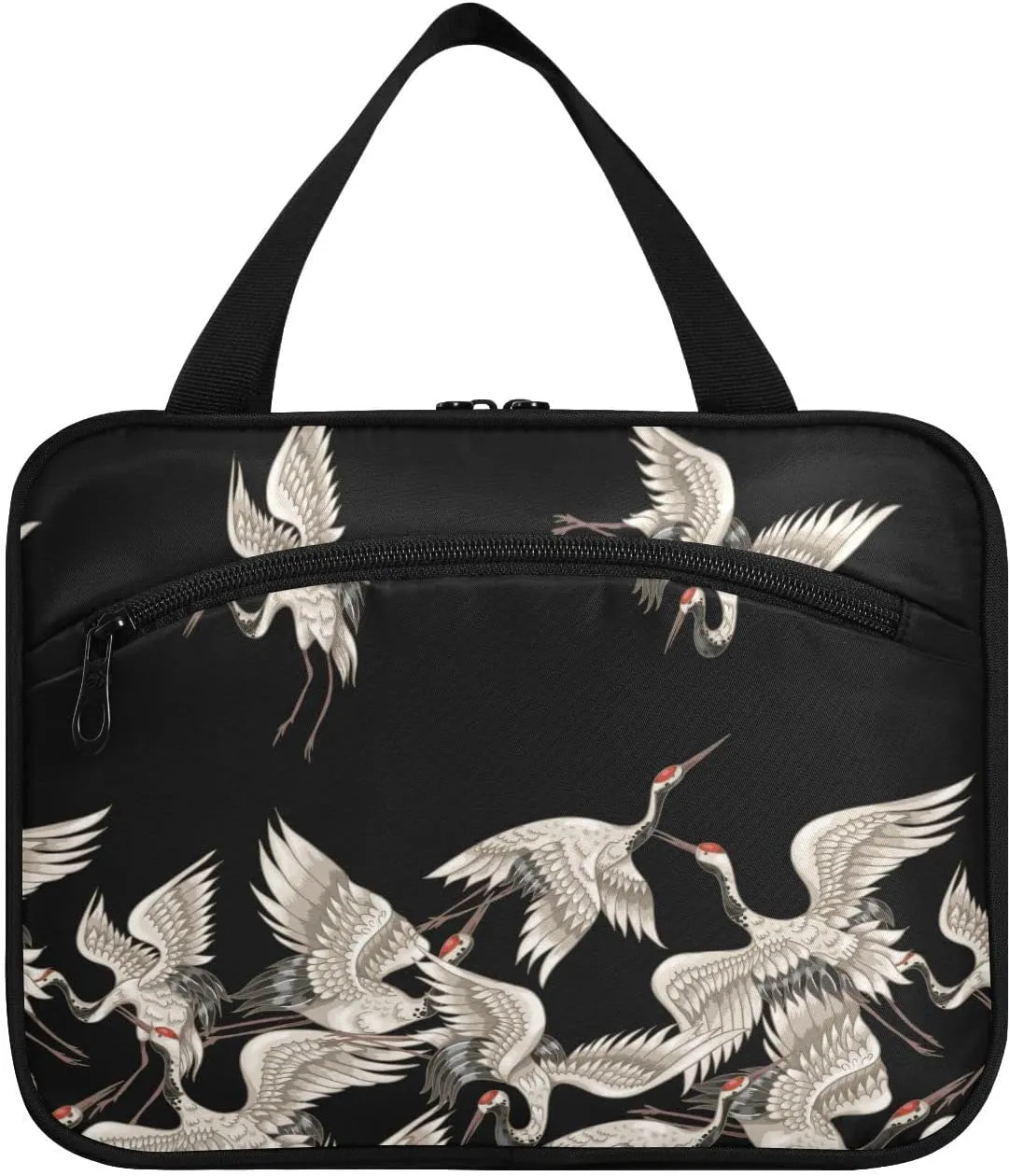 Seamless Japanese White Cranes Flying on Black Dark Women's Portable Makeup Bag with Handle Cosmetic Bag, Twill Cloth Travel Cosmetic Bag, Polyester Toiletry Bag for Women L Size