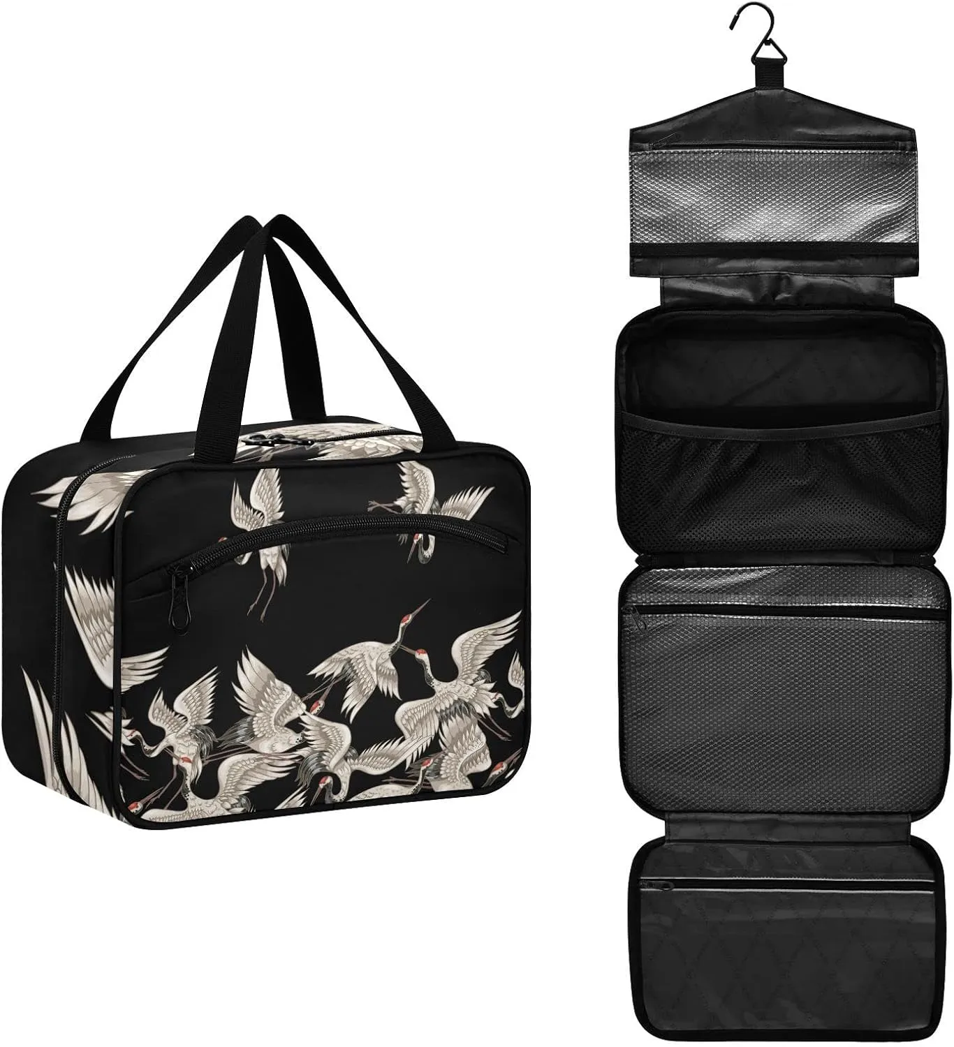 Seamless Japanese White Cranes Flying on Black Dark Women's Portable Makeup Bag with Handle Cosmetic Bag, Twill Cloth Travel Cosmetic Bag, Polyester Toiletry Bag for Women L Size