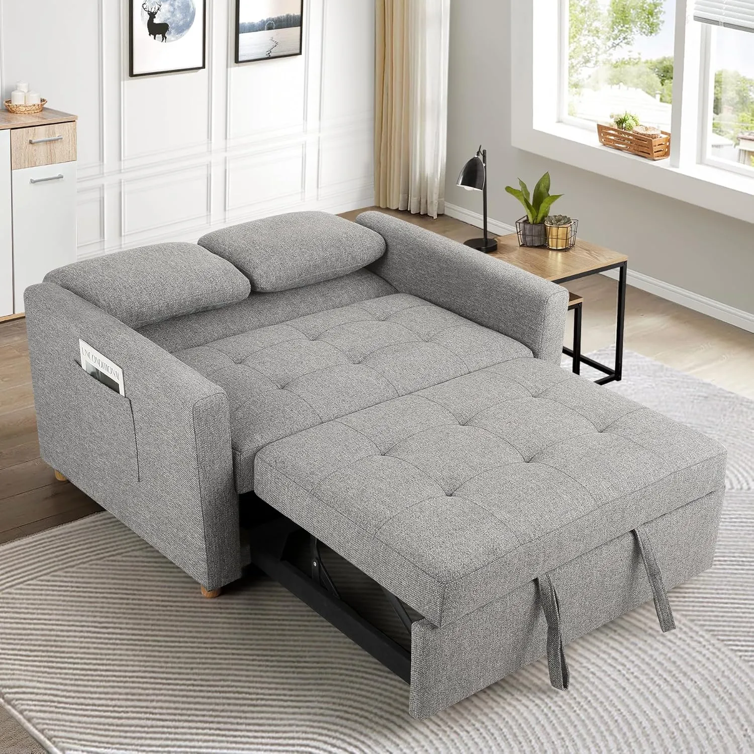 SEJOV Convertible Sofa Bed, 3-in-1 Sleeper Sofa Pull Out Couch Bed, 2-Seater Linen Fabric Loveseat Futon Sofa with Spring Support, Adjustable Backrest for Small Spaces, Living Room, Grey