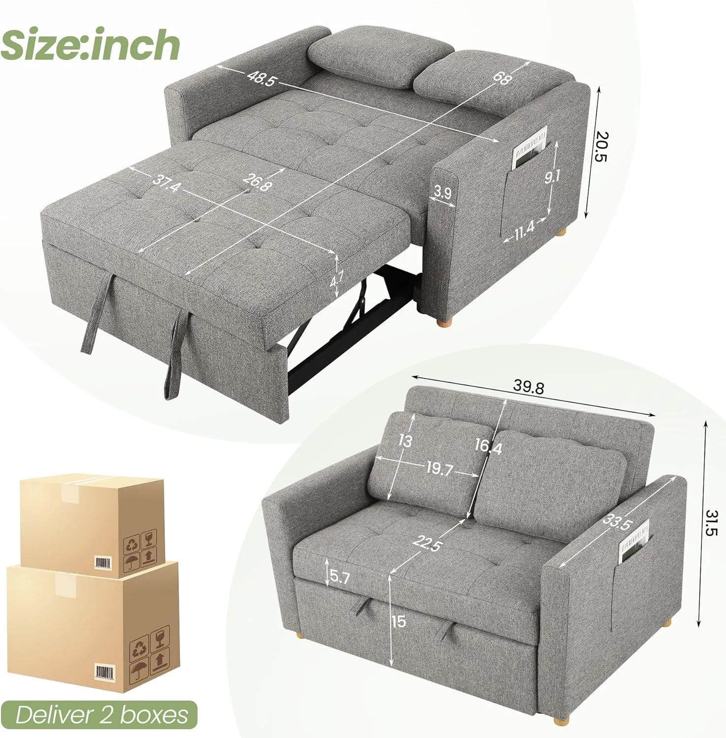SEJOV Convertible Sofa Bed, 3-in-1 Sleeper Sofa Pull Out Couch Bed, 2-Seater Linen Fabric Loveseat Futon Sofa with Spring Support, Adjustable Backrest for Small Spaces, Living Room, Grey