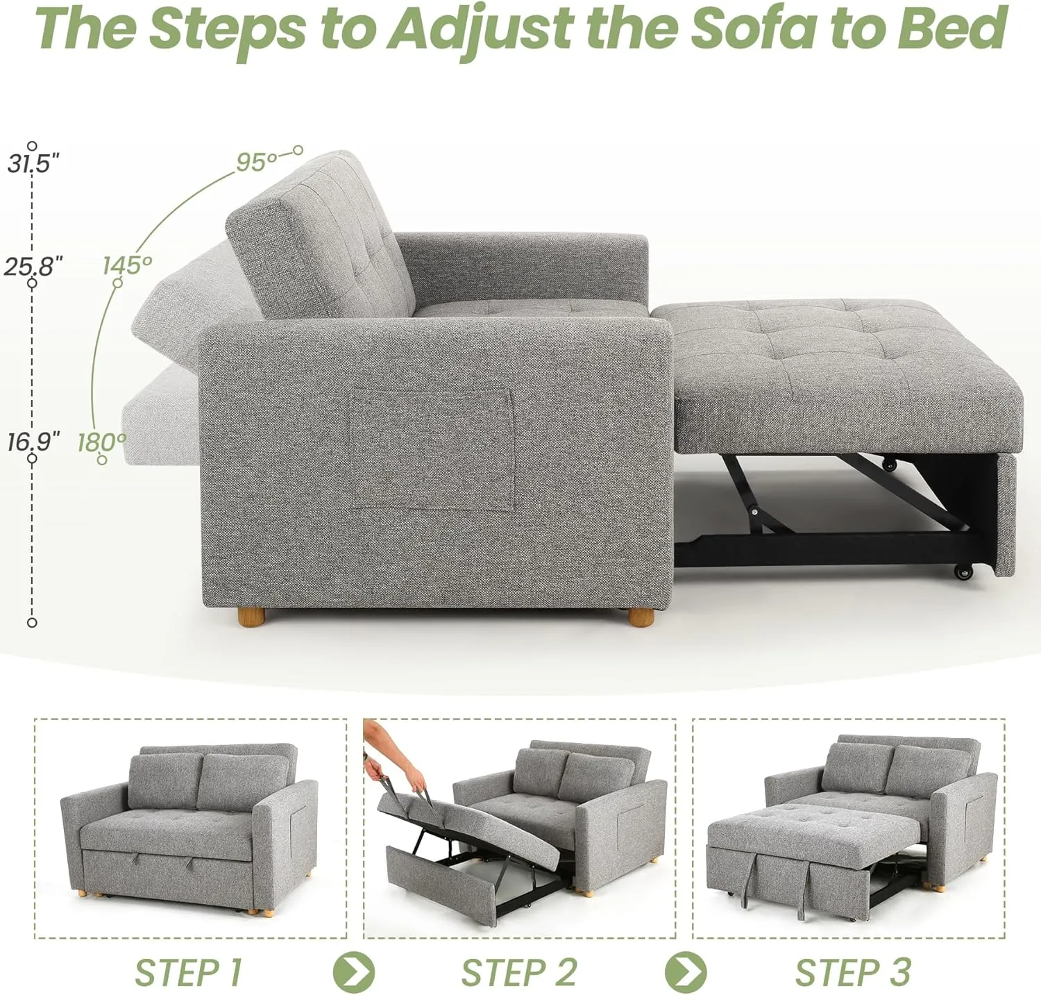 SEJOV Convertible Sofa Bed, 3-in-1 Sleeper Sofa Pull Out Couch Bed, 2-Seater Linen Fabric Loveseat Futon Sofa with Spring Support, Adjustable Backrest for Small Spaces, Living Room, Grey