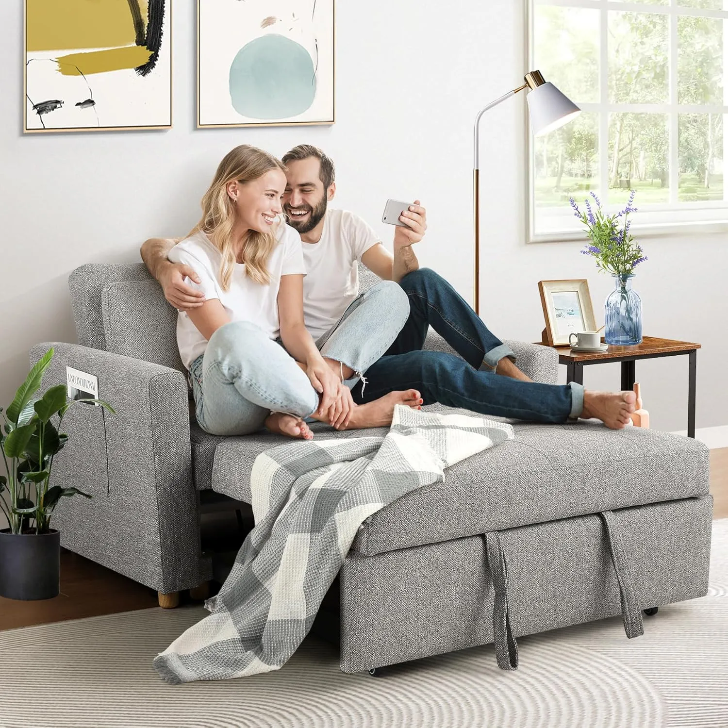 SEJOV Convertible Sofa Bed, 3-in-1 Sleeper Sofa Pull Out Couch Bed, 2-Seater Linen Fabric Loveseat Futon Sofa with Spring Support, Adjustable Backrest for Small Spaces, Living Room, Grey