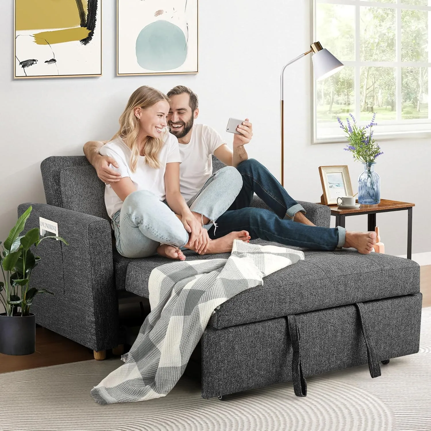 SEJOV Sleeper Sofa, 3-in-1 Convertible Pull Out Couch Bed Futon Sofa, Linen Fabric Loveseat with 2 Pillows and Adjustable Backrest, Chaise Lounge for Small Spaces Apartment Dorm, Office, Black