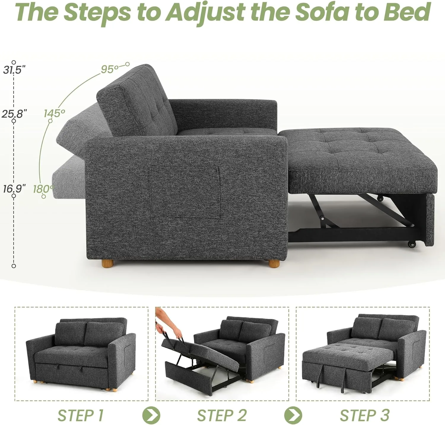 SEJOV Sleeper Sofa, 3-in-1 Convertible Pull Out Couch Bed Futon Sofa, Linen Fabric Loveseat with 2 Pillows and Adjustable Backrest, Chaise Lounge for Small Spaces Apartment Dorm, Office, Black