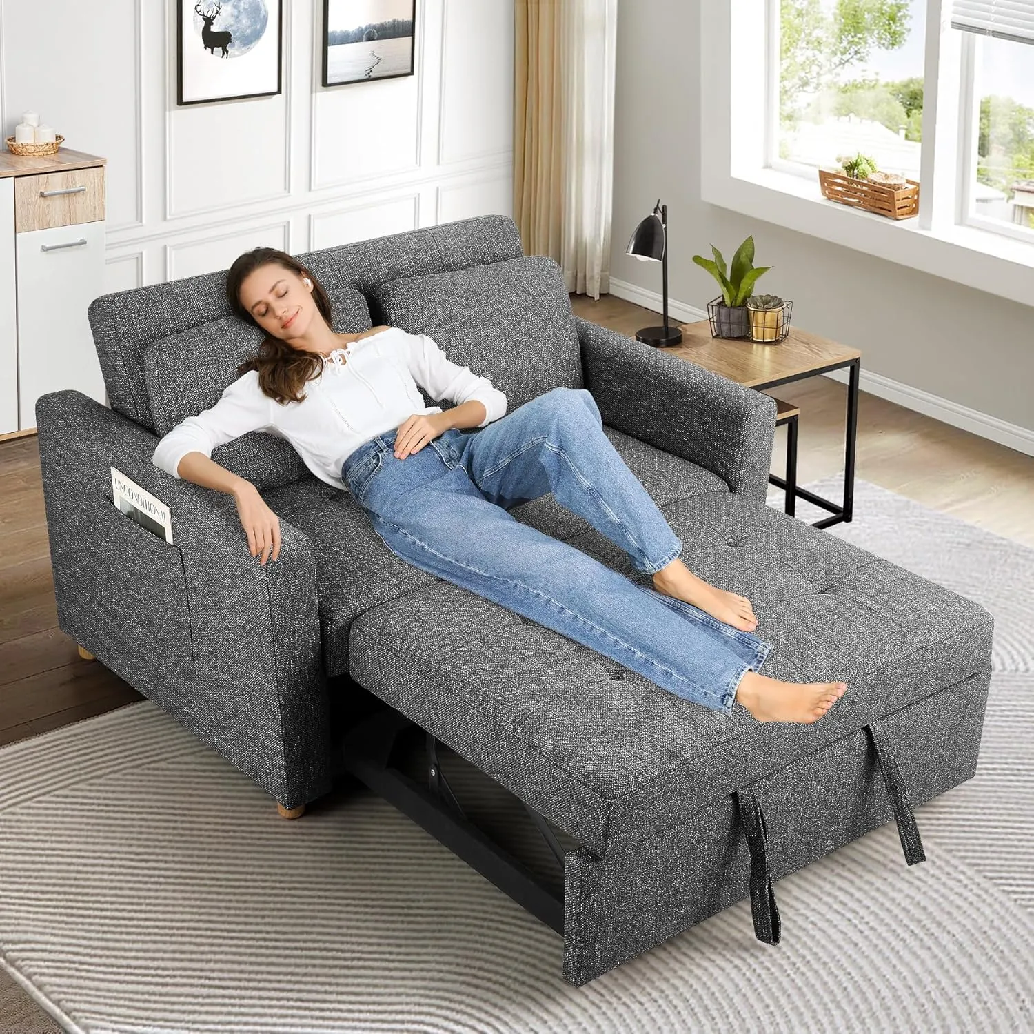 SEJOV Sleeper Sofa, 3-in-1 Convertible Pull Out Couch Bed Futon Sofa, Linen Fabric Loveseat with 2 Pillows and Adjustable Backrest, Chaise Lounge for Small Spaces Apartment Dorm, Office, Black