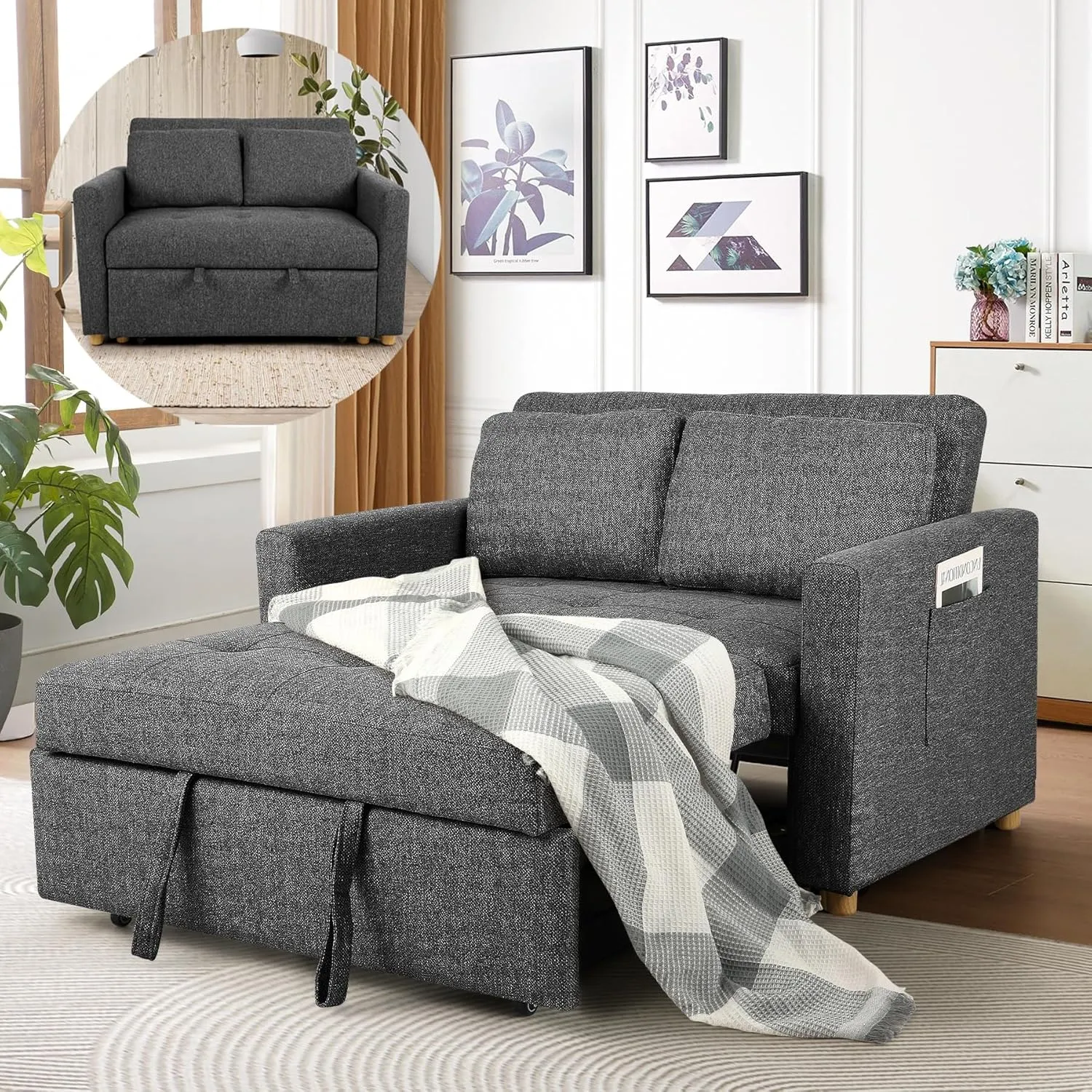 SEJOV Sleeper Sofa, 3-in-1 Convertible Pull Out Couch Bed Futon Sofa, Linen Fabric Loveseat with 2 Pillows and Adjustable Backrest, Chaise Lounge for Small Spaces Apartment Dorm, Office, Black