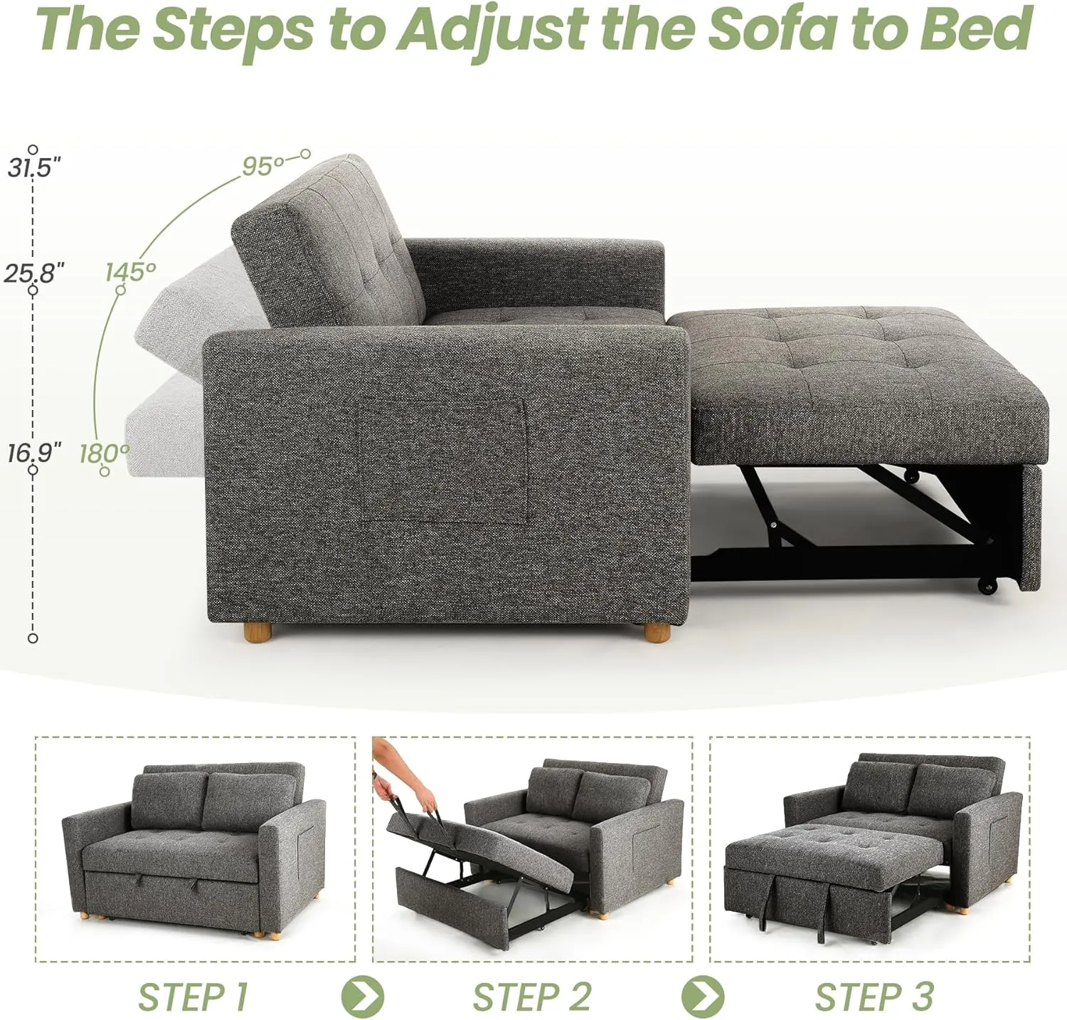 SEJOV Sleeper Sofa Bed, 3-in-1 Convertible Sofa Chair, Linen Fabric Pull Out Couch Bed, Loveseat Sleeper with Spring Support, Adjustable Backrest, 2 Seater Recliner Chair for Small Space, Dark Grey