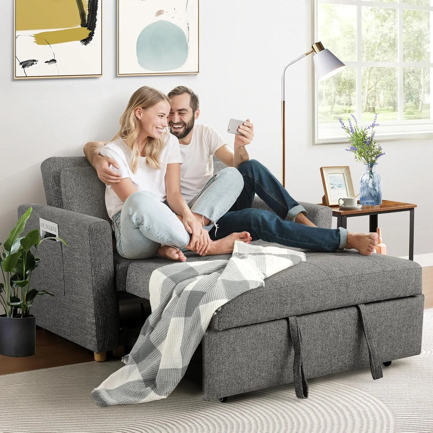 SEJOV Sleeper Sofa Bed, 3-in-1 Convertible Sofa Chair, Linen Fabric Pull Out Couch Bed, Loveseat Sleeper with Spring Support, Adjustable Backrest, 2 Seater Recliner Chair for Small Space, Dark Grey