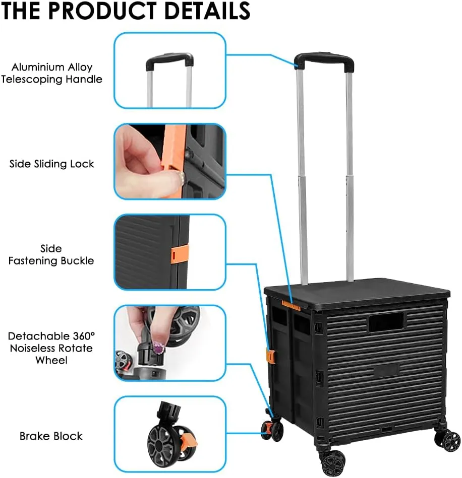 SELORSS Foldable Utility Cart Portable Collapsible Crate Rolling Carts with Wheels Rolling Tote Basket Teacher Cart with Lid Wear-Resistant 360°Rotate Wheel Noiseless for Shopping Storage Office Use