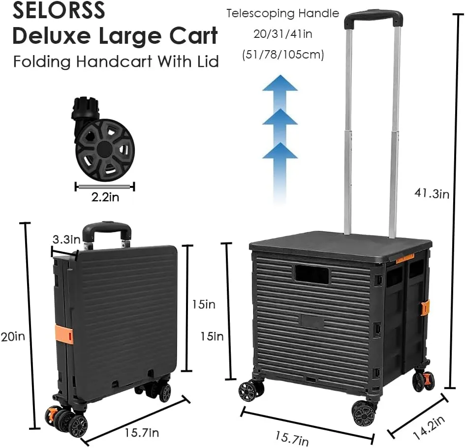 SELORSS Foldable Utility Cart Portable Collapsible Crate Rolling Carts with Wheels Rolling Tote Basket Teacher Cart with Lid Wear-Resistant 360°Rotate Wheel Noiseless for Shopping Storage Office Use
