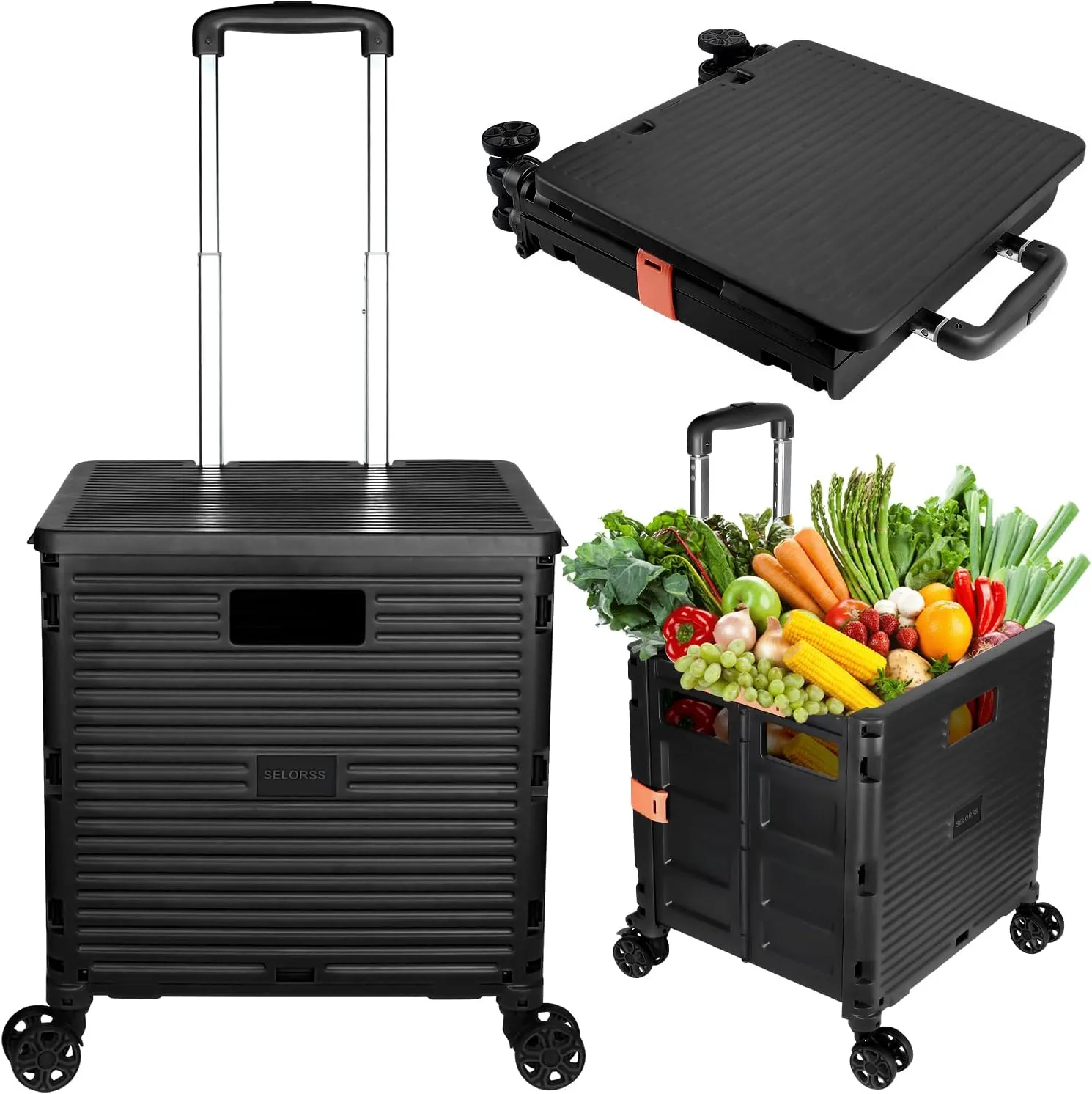 SELORSS Foldable Utility Cart Portable Collapsible Crate Rolling Carts with Wheels Rolling Tote Basket Teacher Cart with Lid Wear-Resistant 360°Rotate Wheel Noiseless for Shopping Storage Office Use