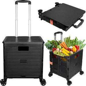 SELORSS Foldable Utility Cart Portable Collapsible Crate Rolling Carts with Wheels Rolling Tote Basket Teacher Cart with Lid Wear-Resistant 360°Rotate Wheel Noiseless for Shopping Storage Office Use