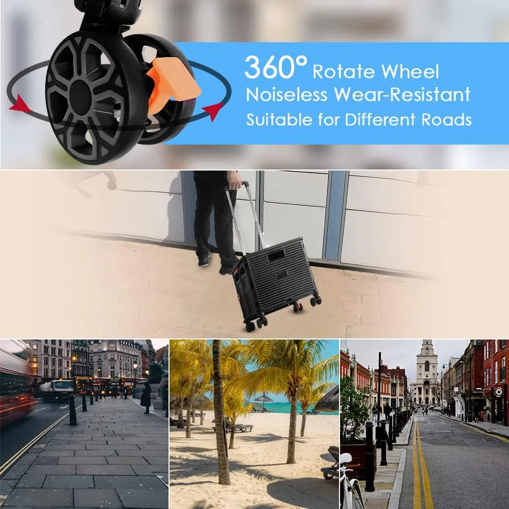 SELORSS Foldable Utility Cart Portable Collapsible Crate Rolling Carts with Wheels Rolling Tote Basket Teacher Cart with Lid Wear-Resistant 360°Rotate Wheel Noiseless for Shopping Storage Office Use