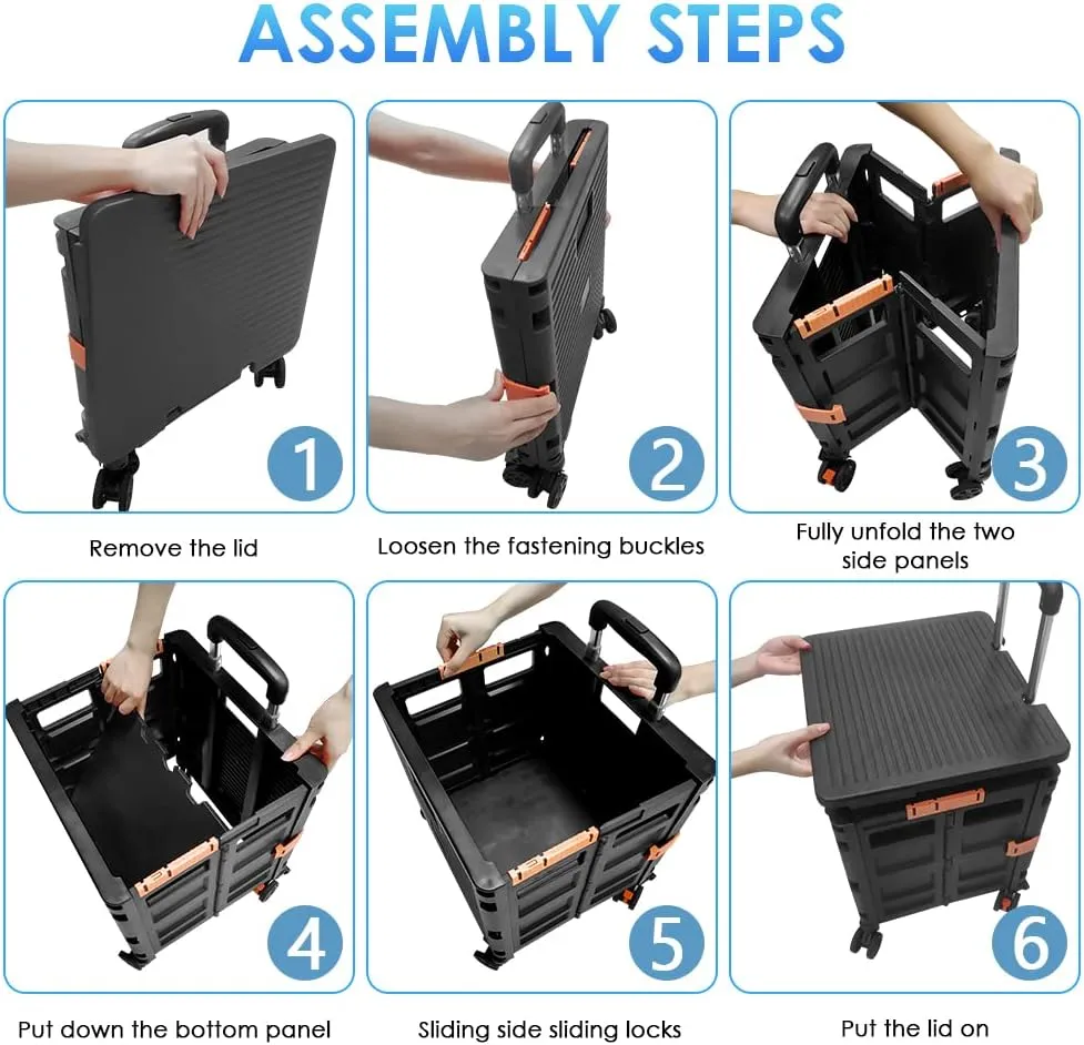 SELORSS Foldable Utility Cart Portable Collapsible Crate Rolling Carts with Wheels Rolling Tote Basket Teacher Cart with Lid Wear-Resistant 360°Rotate Wheel Noiseless for Shopping Storage Office Use