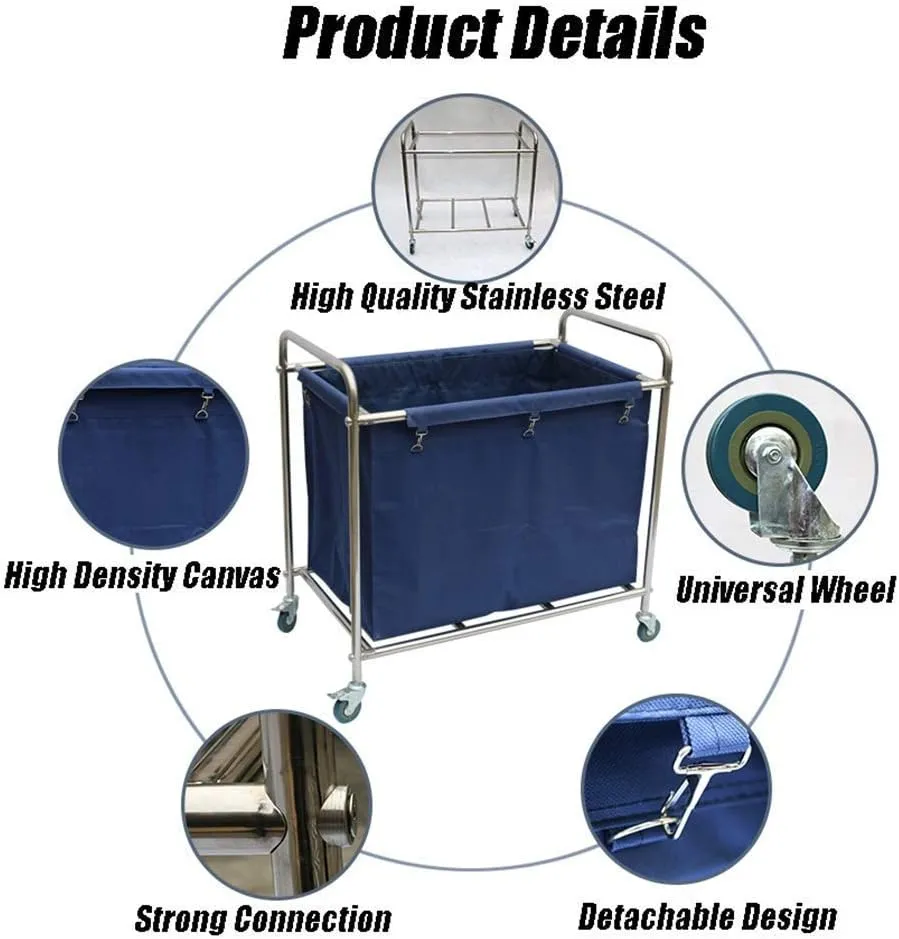 Serving Trolley, Beauty Salon Cart, Tool Cart, Wheeled Carts, Laundry Trolley with Stainless Steel Frame, Removable Bag, 4 Wheels and Handle, Easy to Install, Grey