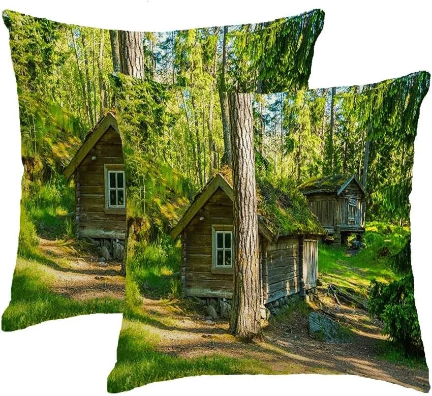 Set of 2 Decorative Waterproof Pillow Cover Wood Forest Voorhees Cabin Wooden Deep Huts 13 Woods Old Camping Path Parks Outdoor Objects Pine Throw Pillow Cushion Cases for Sofa Outdoor 18 x 18 Inch