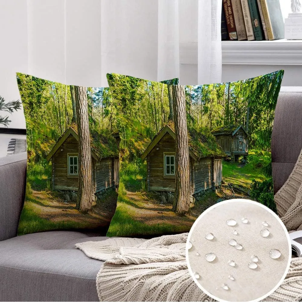 Set of 2 Decorative Waterproof Pillow Cover Wood Forest Voorhees Cabin Wooden Deep Huts 13 Woods Old Camping Path Parks Outdoor Objects Pine Throw Pillow Cushion Cases for Sofa Outdoor 18 x 18 Inch