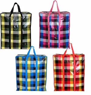 Set of 4 Extra Large Reusable Unbreakable Hard Plastic Fabric Checkered Laundry Bags with Zipper and Handles for Travel, Grocery, Laundry, Shopping, Moving ,Size:(28"x23"x9.5")- Colors may vary