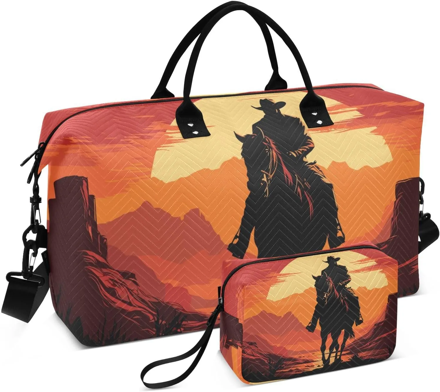 Shadow Cowboy Sunset Large Travel Duffel Bag, Sports Tote Gym Bag, Shoulder Weekender Overnight Bag for Women Men, Carry On Luggage with Toiletry Bags