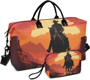 Shadow Cowboy Sunset Large Travel Duffel Bag, Sports Tote Gym Bag, Shoulder Weekender Overnight Bag for Women Men, Carry On Luggage with Toiletry Bags