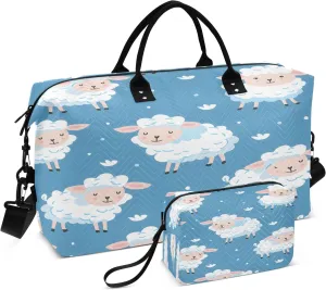 Sheep on Blue Travel Duffel Bags with Toiletry Bag for Travel Gym Yoga Weekender Bag