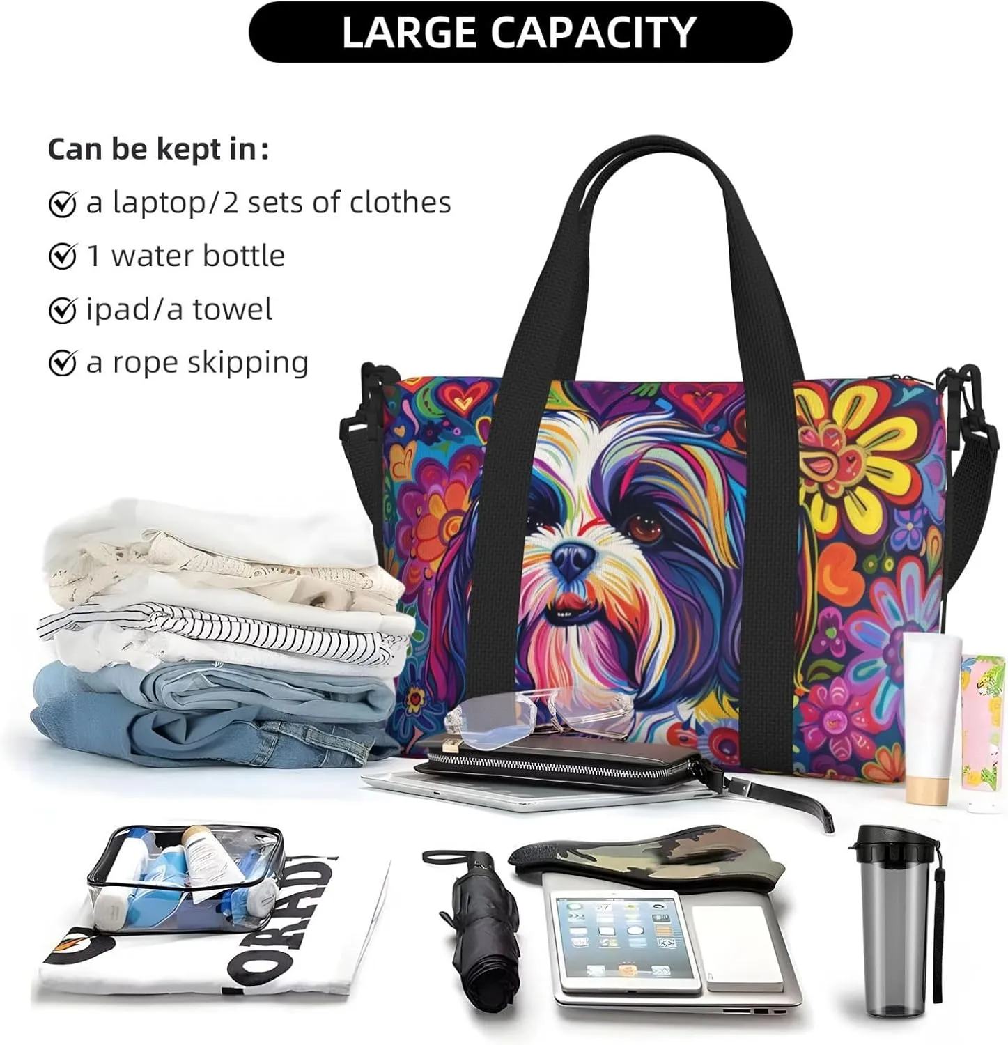 Shih Tzu colorful flower print Travel Duffel Bag, Sports Tote Gym Bag, Swim Pool Bag Large Shoulder Tote Bag for Beach Weekender