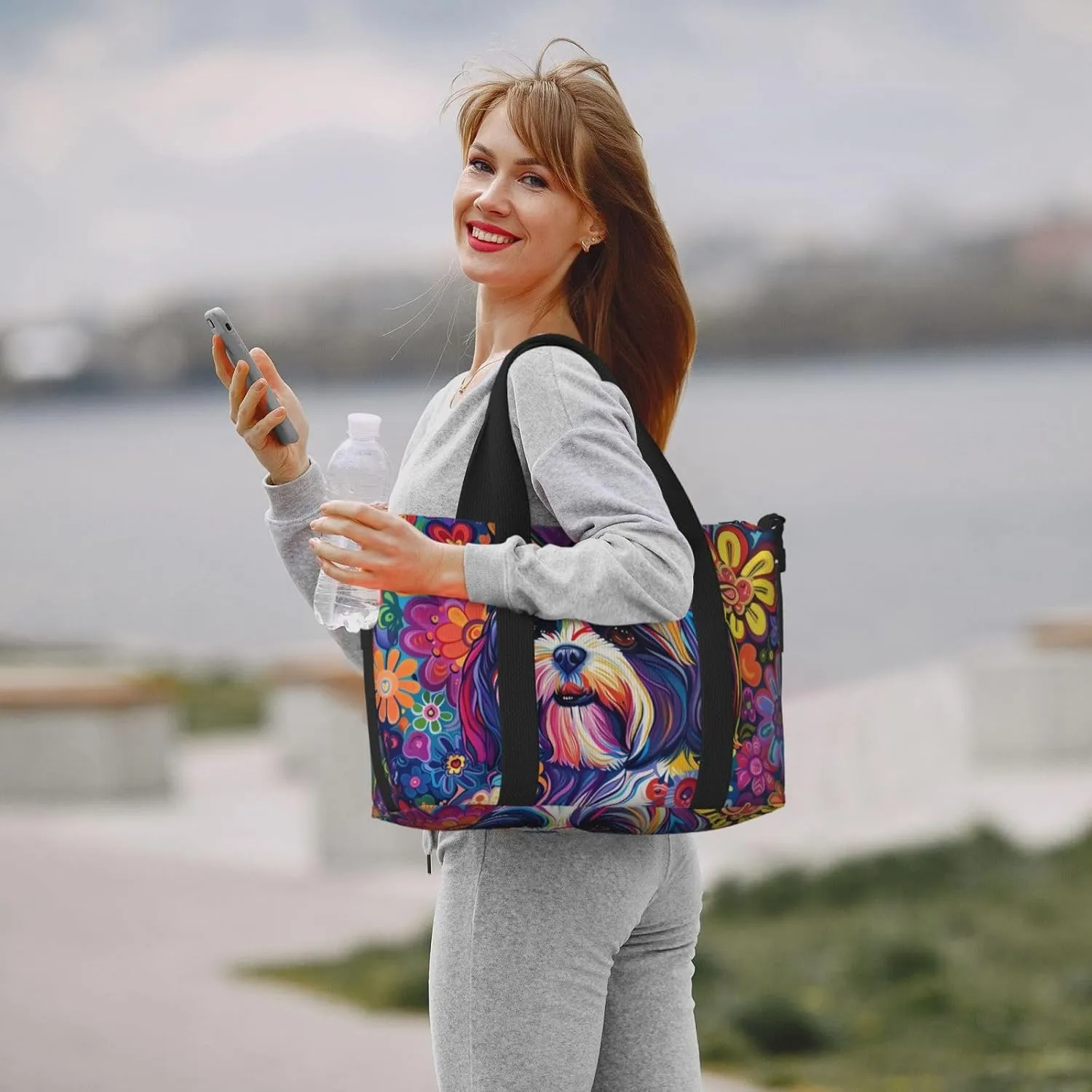 Shih Tzu colorful flower print Travel Duffel Bag, Sports Tote Gym Bag, Swim Pool Bag Large Shoulder Tote Bag for Beach Weekender