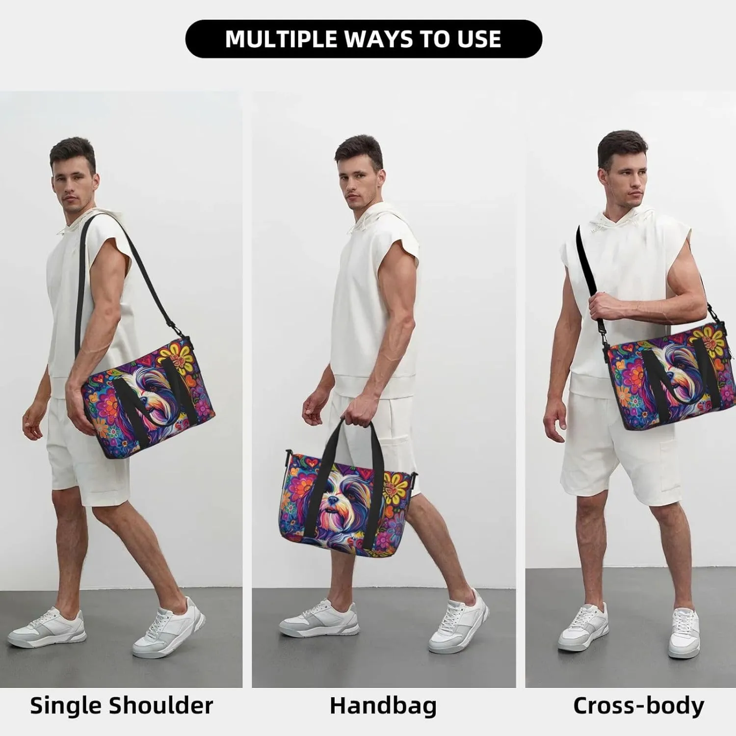 Shih Tzu colorful flower print Travel Duffel Bag, Sports Tote Gym Bag, Swim Pool Bag Large Shoulder Tote Bag for Beach Weekender