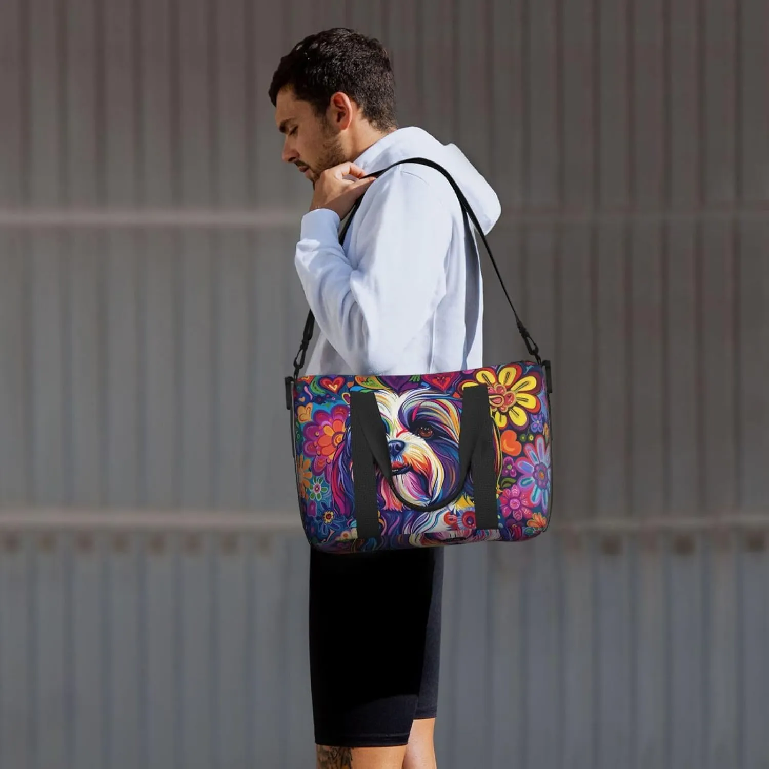 Shih Tzu colorful flower print Travel Duffel Bag, Sports Tote Gym Bag, Swim Pool Bag Large Shoulder Tote Bag for Beach Weekender