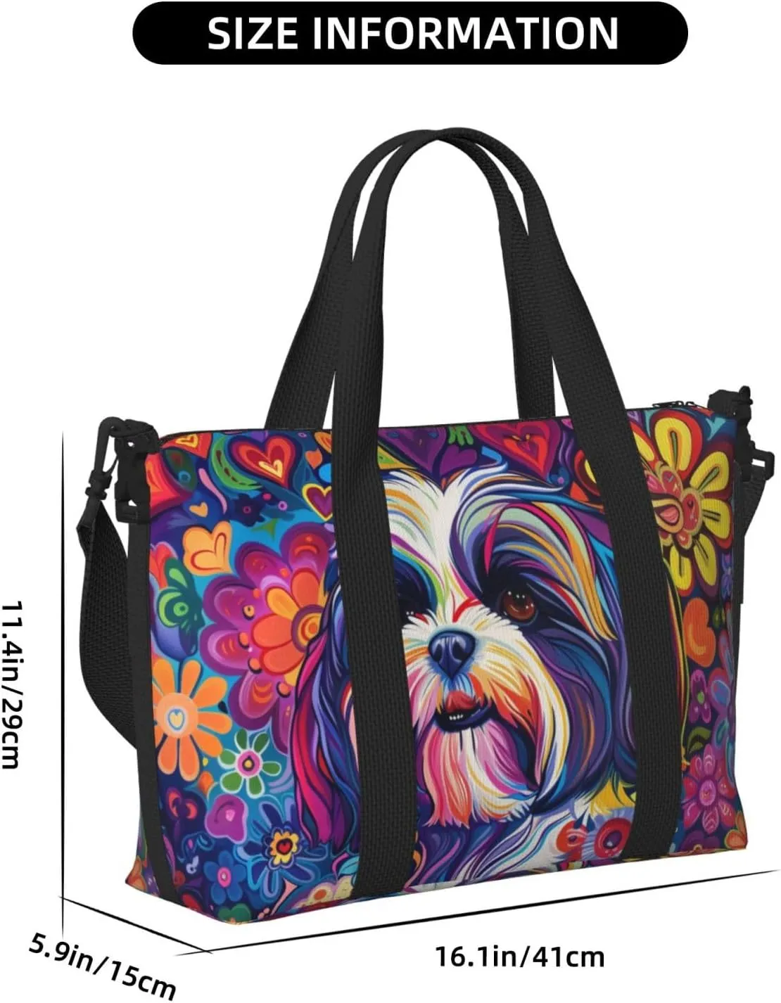 Shih Tzu colorful flower print Travel Duffel Bag, Sports Tote Gym Bag, Swim Pool Bag Large Shoulder Tote Bag for Beach Weekender
