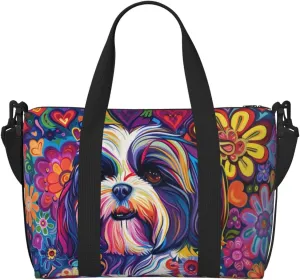 Shih Tzu colorful flower print Travel Duffel Bag, Sports Tote Gym Bag, Swim Pool Bag Large Shoulder Tote Bag for Beach Weekender