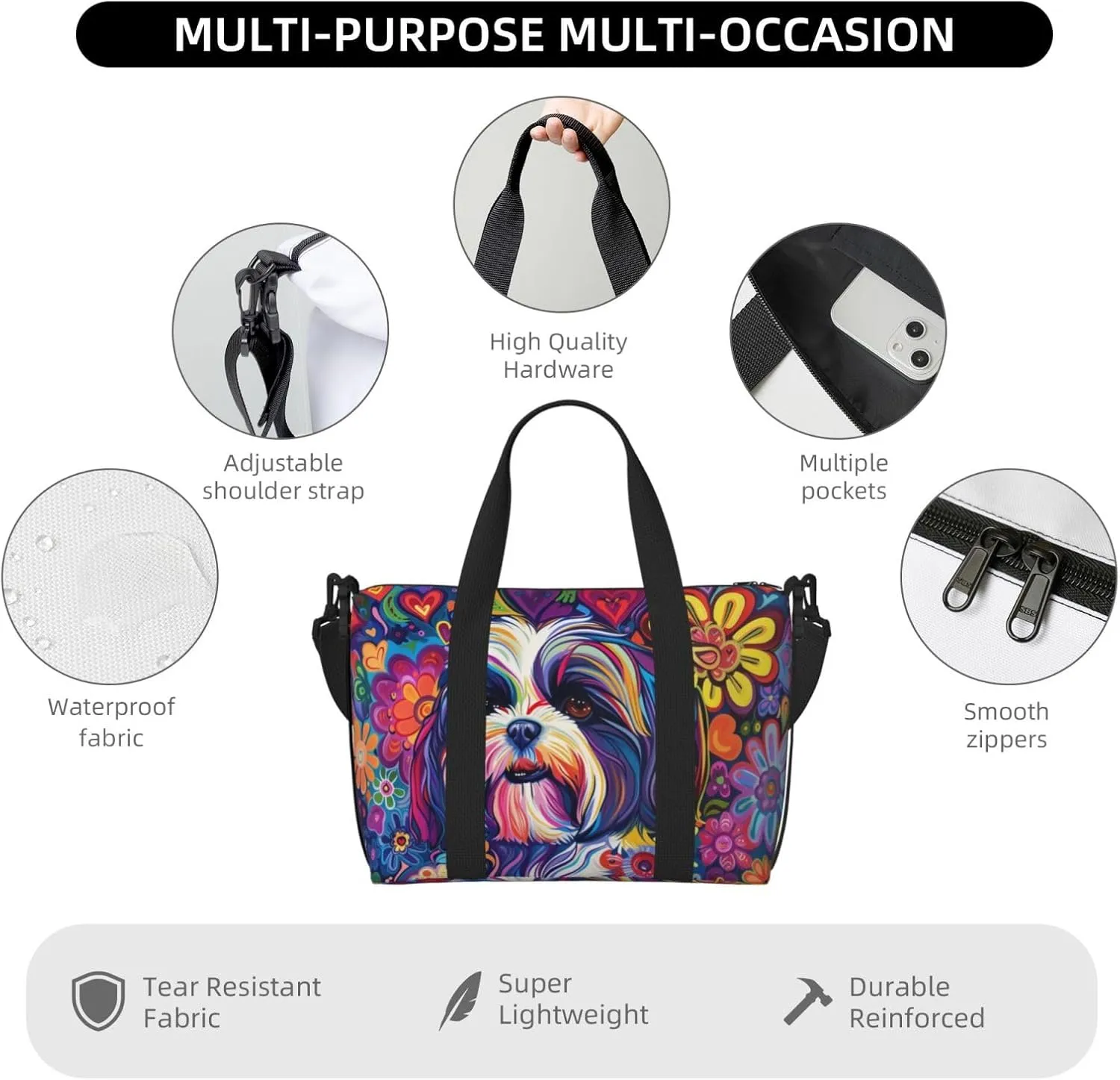 Shih Tzu colorful flower print Travel Duffel Bag, Sports Tote Gym Bag, Swim Pool Bag Large Shoulder Tote Bag for Beach Weekender