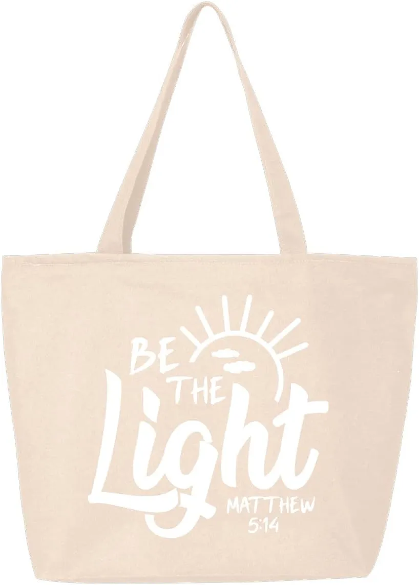 shop4ever Be The Light Matthew 5:14 Heavy Canvas Tote with Zipper Reusable Shopping Bag Bible Verse Christian Gift
