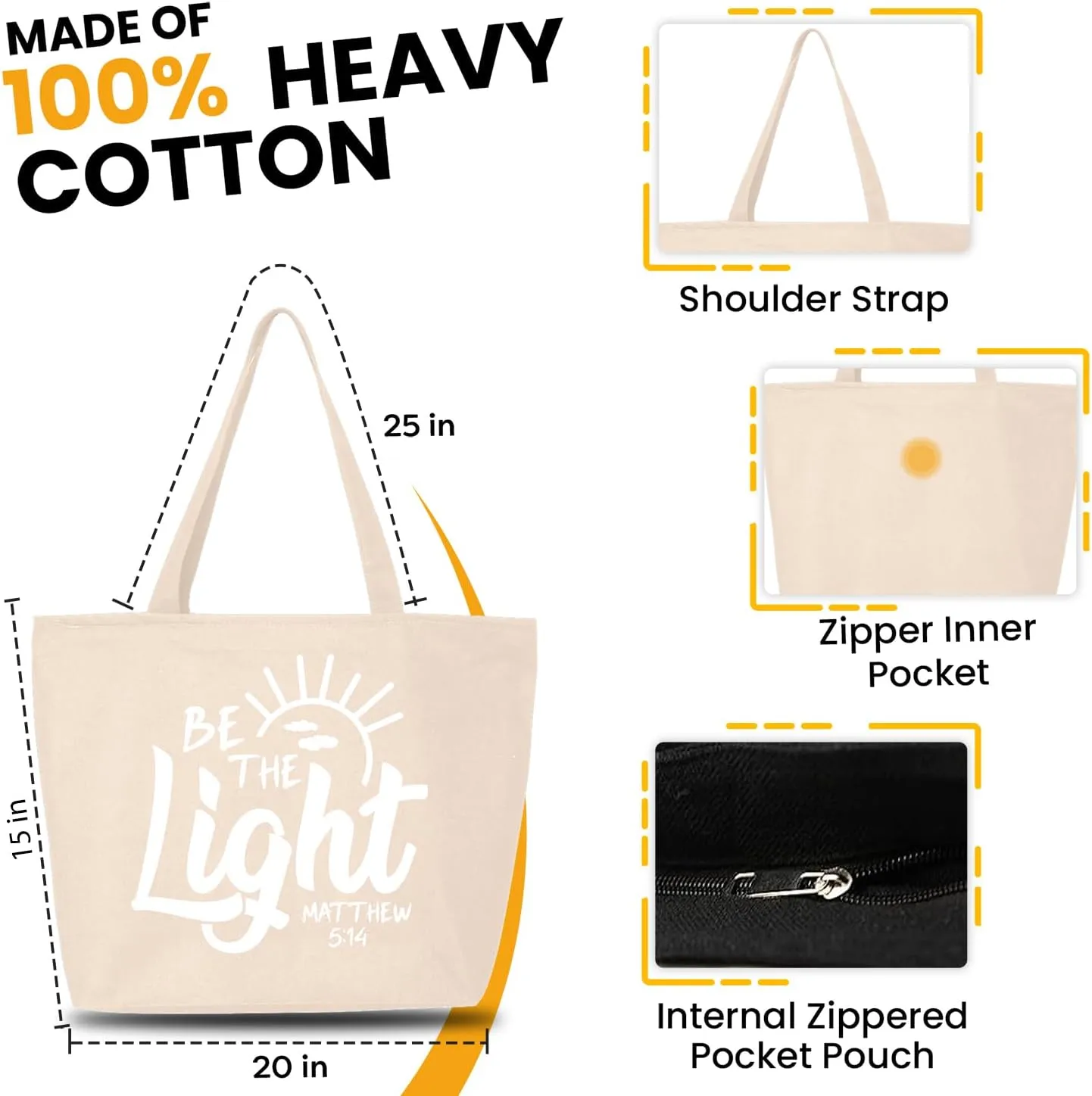 shop4ever Be The Light Matthew 5:14 Heavy Canvas Tote with Zipper Reusable Shopping Bag Bible Verse Christian Gift
