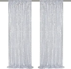 Silver Sequin Backdrop 2 Panels 2FTx8FT Christmas Party Backdrop Curtains Glitter Photo Background for Wedding Baby Shower Stage Decorations