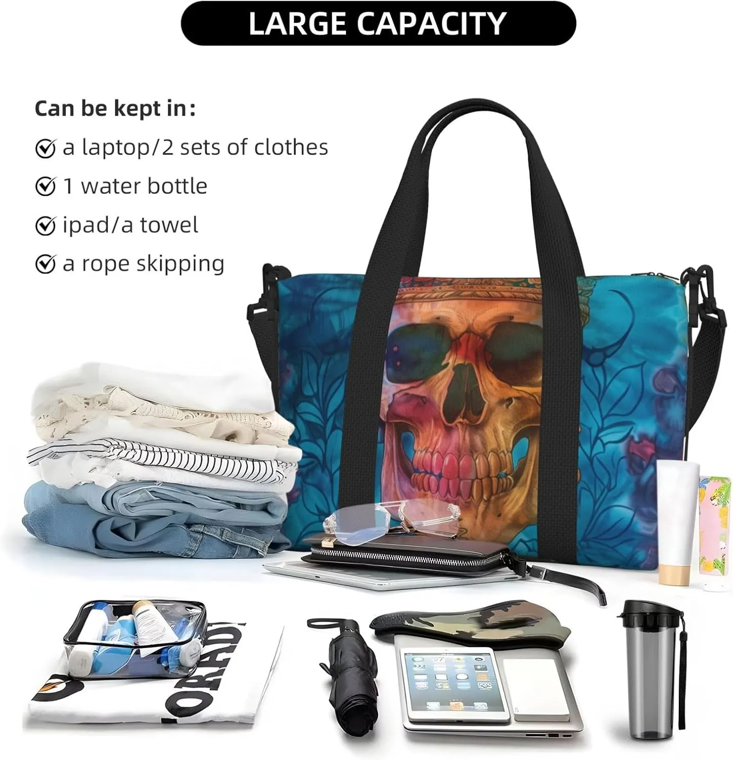 skull tie dye print Travel Duffel Bag, Sports Tote Gym Bag, Swim Pool Bag Large Shoulder Tote Bag for Beach Weekender