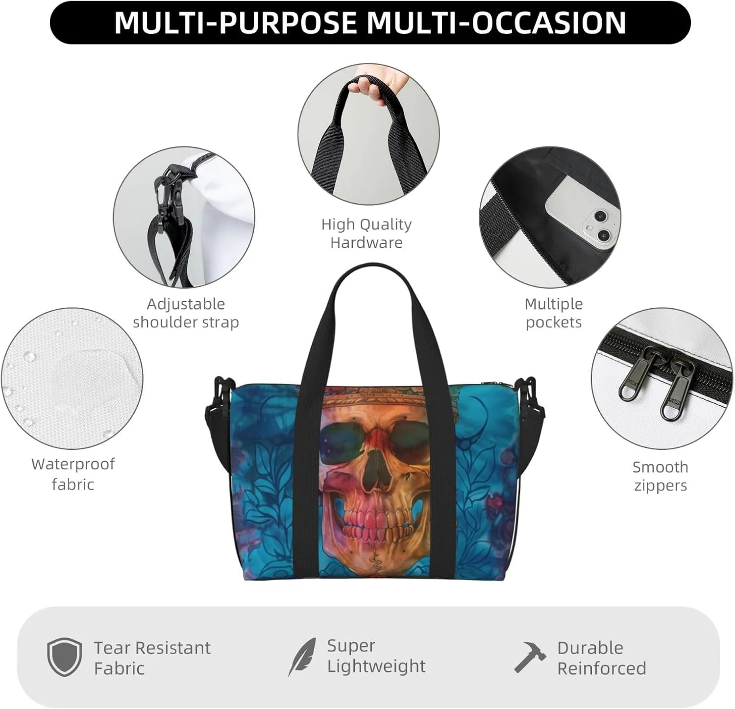 skull tie dye print Travel Duffel Bag, Sports Tote Gym Bag, Swim Pool Bag Large Shoulder Tote Bag for Beach Weekender