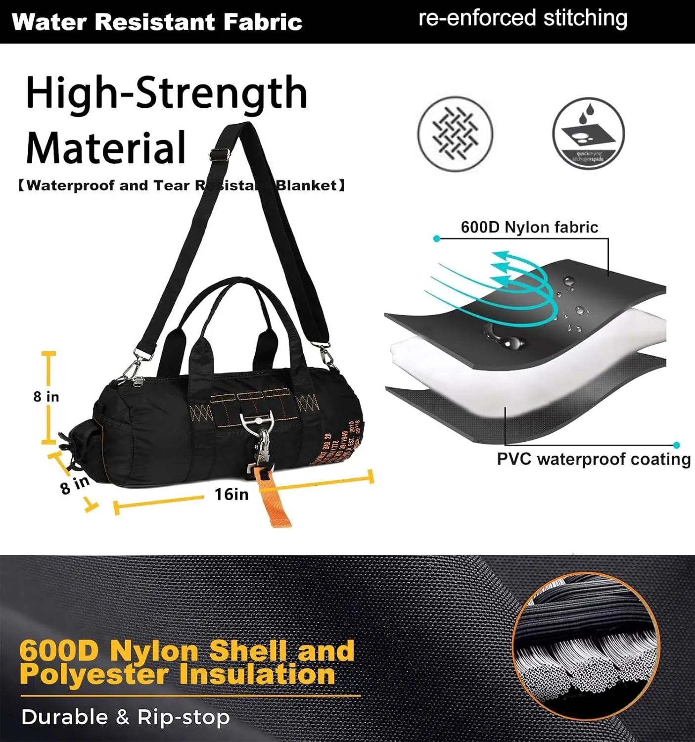Small Duffle Bag Military Gym Bags 16 Inchs Sport Bag for Weekender Overnight Tactical Workout Bag Travel Carry On Bag Lightweight with Pockets for Men Women Black