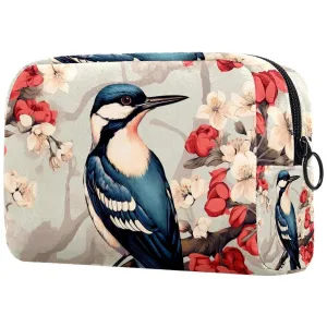 Small Makeup Bag Pouch for Purse, Travel Cosmetic Bag, Portable Toiletry Bag for Women Girls Gifts - Woodpecker Bird on Red Berries Branch