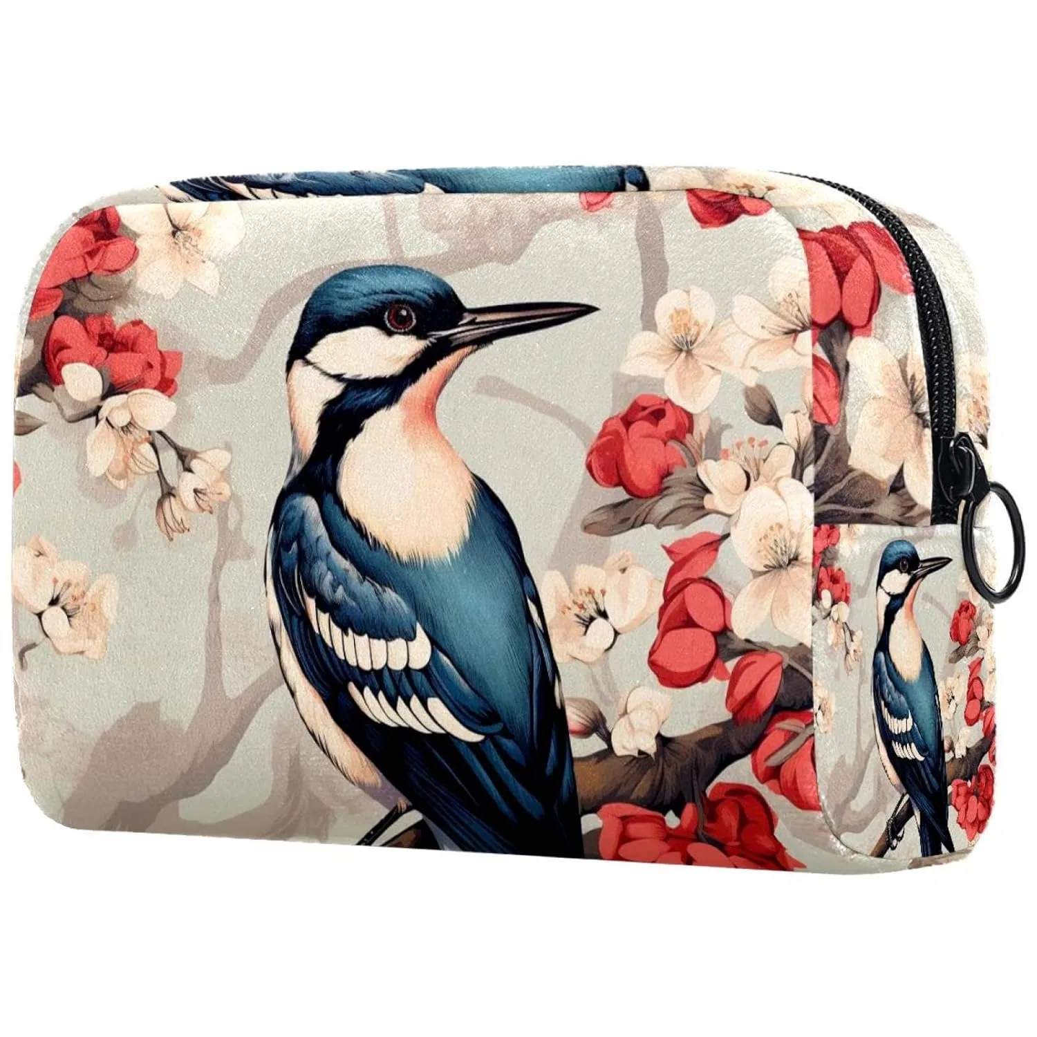 Small Makeup Bag Pouch for Purse, Travel Cosmetic Bag, Portable Toiletry Bag for Women Girls Gifts - Woodpecker Bird on Red Berries Branch