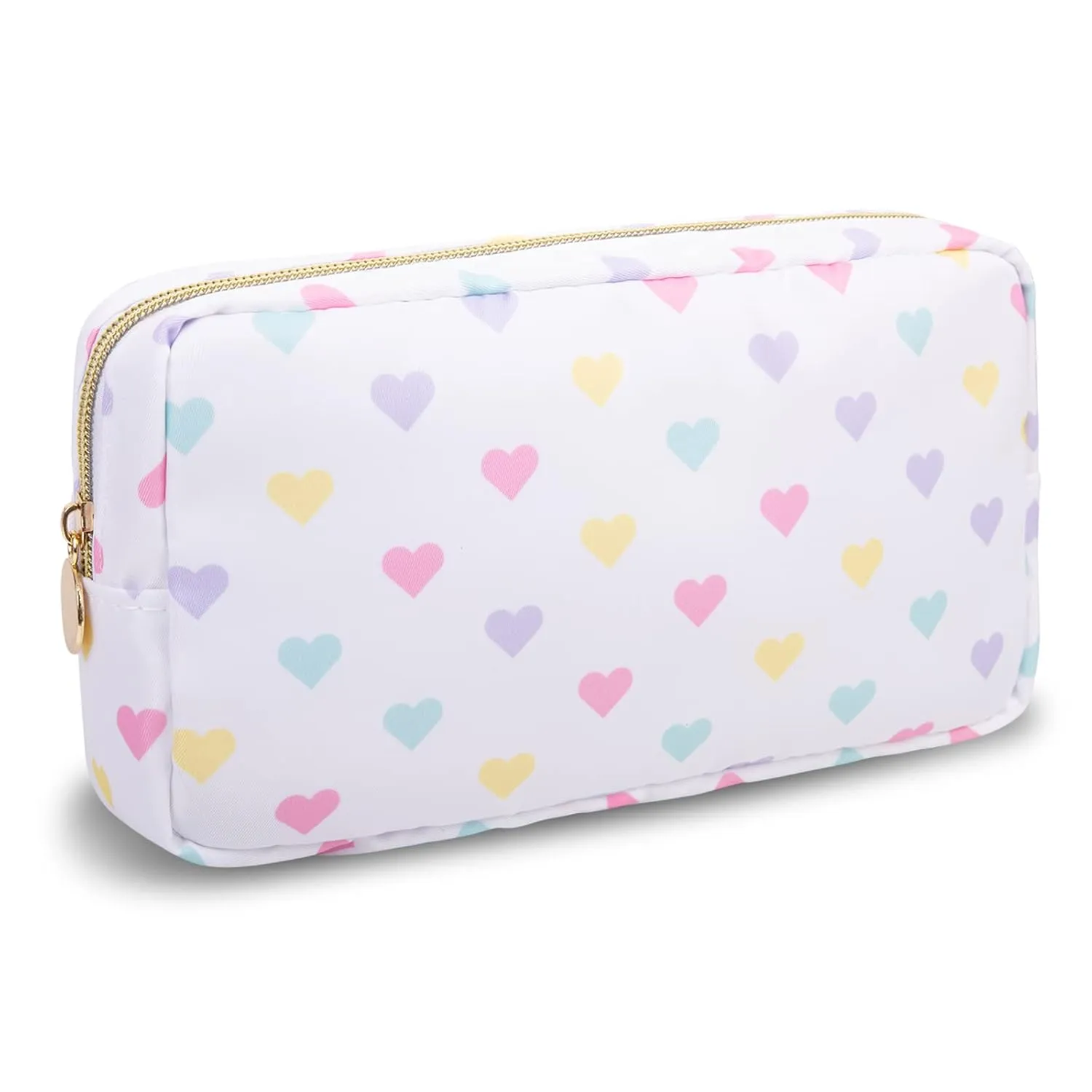 Small Makeup Bag Pouch for Purse，Nylon Travel Toiletry Storage Bag Cute Makeup Organizer Bag for Women Girls，Preppy Waterproof Cosmetic Bag Pouch Skincare Bag Purse with Zipper (Small-White Heart)