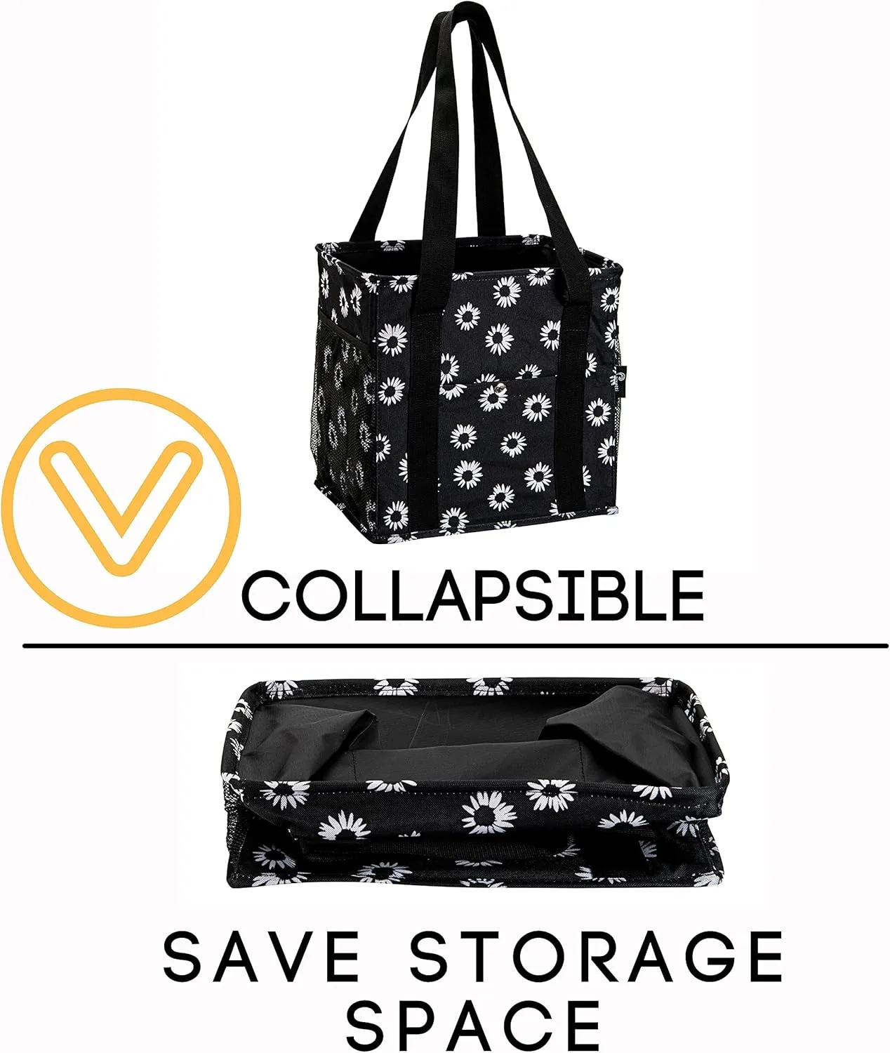 Small Utility Tote for Women With 4 Exterior Pockets - Perfect as Lunch, Reusable Grocery, Shopping, Work, Teacher, and Nurse Bag (Black Daisy)