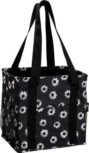 Small Utility Tote for Women With 4 Exterior Pockets - Perfect as Lunch, Reusable Grocery, Shopping, Work, Teacher, and Nurse Bag (Black Daisy)