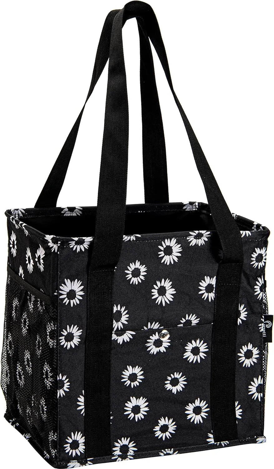 Small Utility Tote for Women With 4 Exterior Pockets - Perfect as Lunch, Reusable Grocery, Shopping, Work, Teacher, and Nurse Bag (Black Daisy)