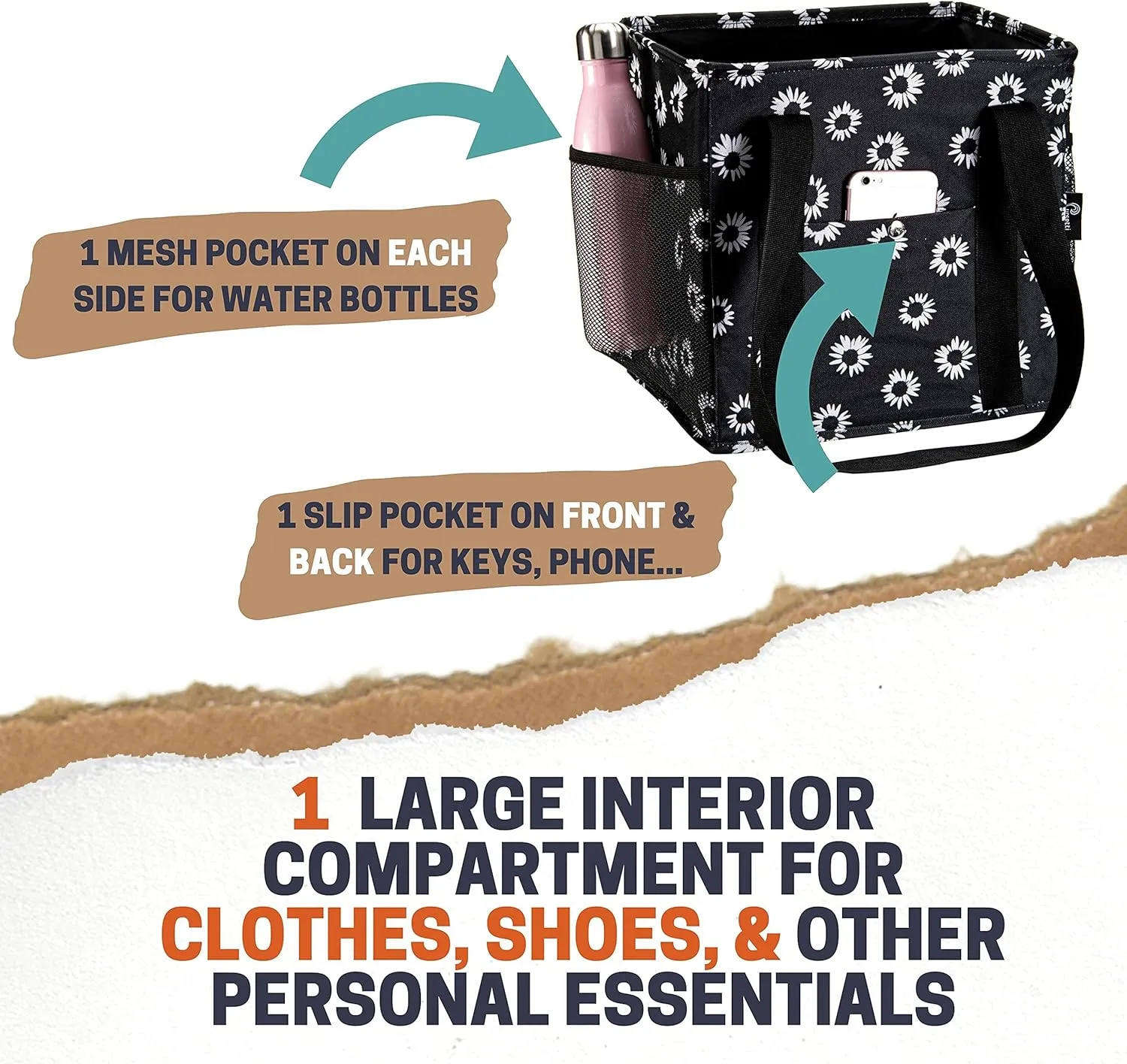 Small Utility Tote for Women With 4 Exterior Pockets - Perfect as Lunch, Reusable Grocery, Shopping, Work, Teacher, and Nurse Bag (Black Daisy)