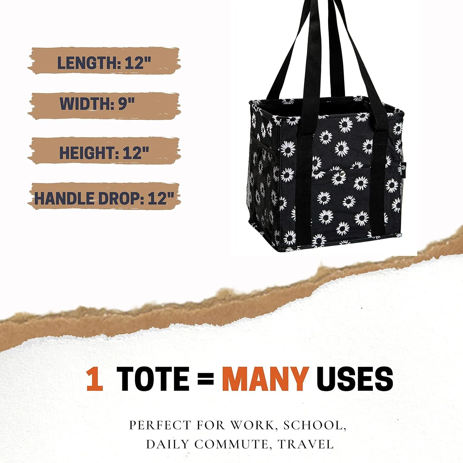 Small Utility Tote for Women With 4 Exterior Pockets - Perfect as Lunch, Reusable Grocery, Shopping, Work, Teacher, and Nurse Bag (Black Daisy)